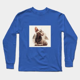 Illustration of a sphinx cat looking away with a crown on his head against the pyramids Long Sleeve T-Shirt